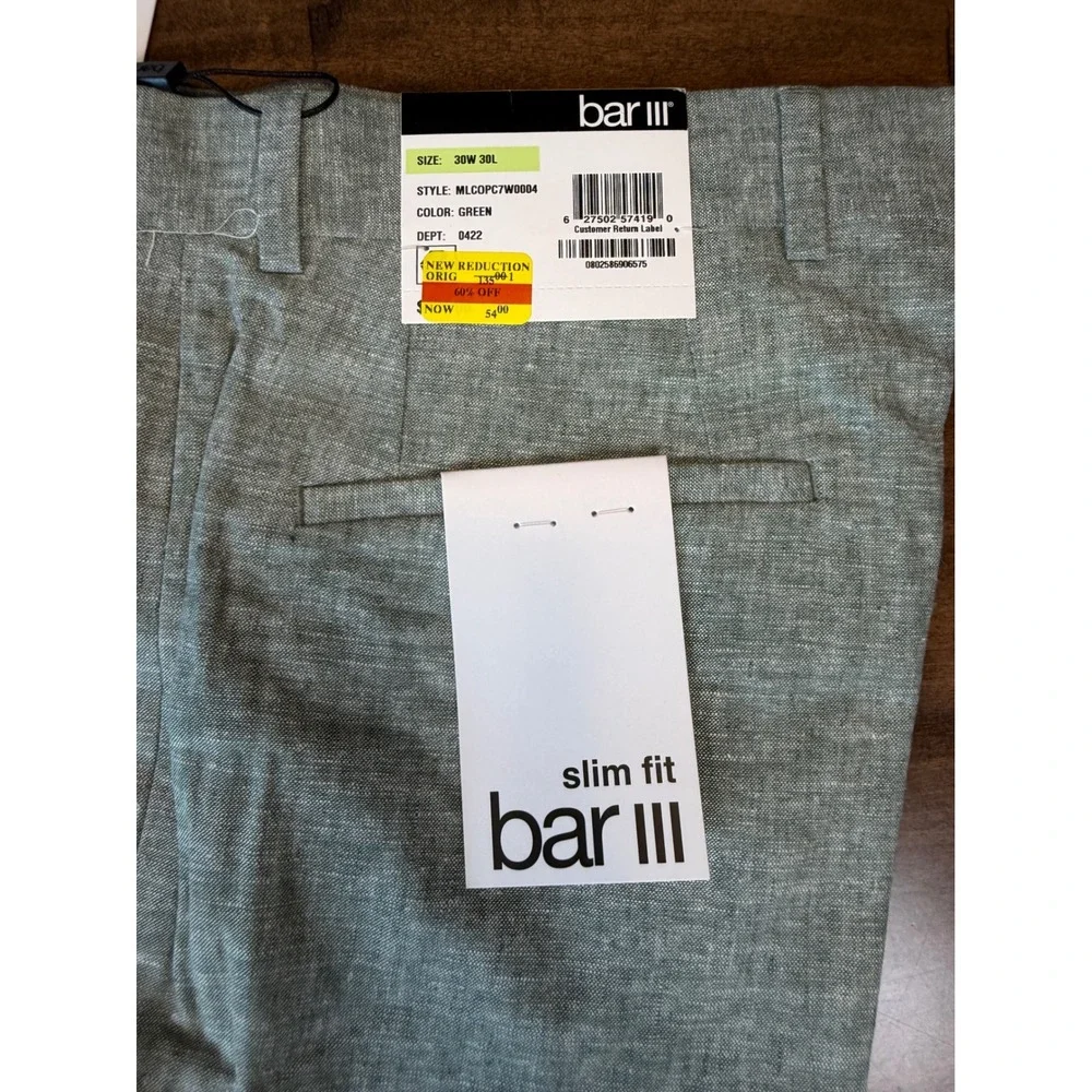 Bar III Mens Slim Fit Linen Cotton Dress Pants Green 30W 30L NEW
